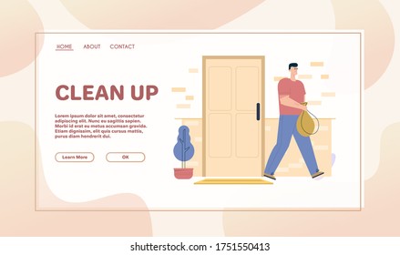 Vector banner illustration of man holds bag of garbage, leaves door of house, throws out trash after cleaning at home. House cleanup, daily life and routine. Young guy housekeeping, do housework