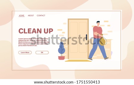 Vector banner illustration of man holds bag of garbage, leaves door of house, throws out trash after cleaning at home. House cleanup, daily life and routine. Young guy housekeeping, do housework