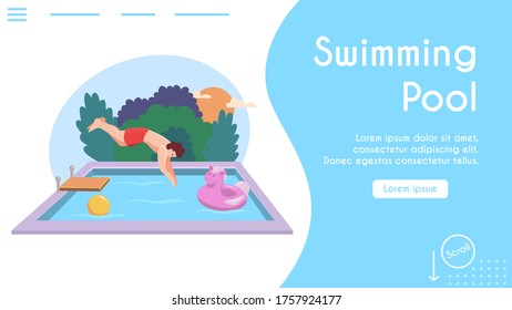 Vector banner illustration of man jumping into pool. Young guy jumps into water, splashes of waves. Happy people pastime, summertime relaxation, outdoor leisure, sports recreation and swimming