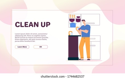 Cartel vectorial que ilustra el hombre lava los platos en el fregadero. Chico joven limpiando en la cocina, lavando utensilios después de la cena. Limpieza de la casa, tareas domésticas, rutina diaria, lavado de lavado y limpieza de la casa