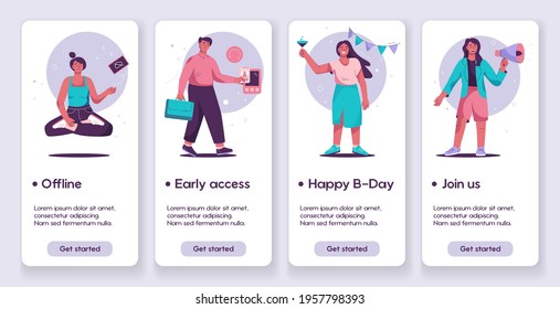 Vector Banner Illustration Of Onboarding Concept. People Relax Offline, Get Early Access, Happy Birthday, Join Us. Getting To Know Site Or Service. Template Design For Mobile App Page With Concept.