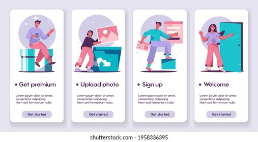 Vector banner illustration of Onboarding concept. People get premium, upload photos, sign up to website, welcome. Getting to know site or service. Template design for mobile app page with concept.