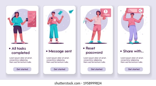 Vector banner illustration of Onboarding concept. People completed tasks, sent message, reset password, share link. Getting to know site or service. Template design for mobile app page with concept.