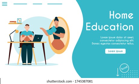 Vector banner illustration of online home education, children homeschooling. Boy sitting desk, reads textbook, does homework. Teacher or tutor at home lesson. Metaphor futuristic scene teleportation