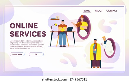 Vector banner illustration of online services, home education, medicine. Boy at homeschooling in lesson with teacher at home. Doctor diagnoses sick patient remotely. Metaphor scene teleportation