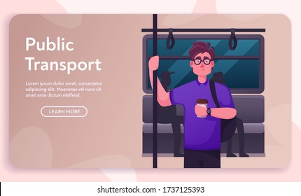 Cartel vectorial que ilustra el transporte público subterráneo de la ciudad. El pasajero de la parada del metro espera la llegada del metro, líneas de metro y mapa. Infraestructura de tráfico urbano, transporte