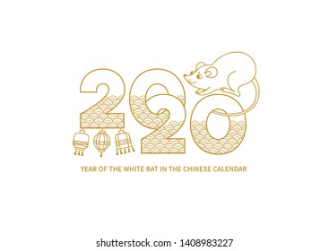 Vector banner with a illustration of the rat zodiac sign, symbol of 2020 on the Chinese calendar, isolated. White Metal Rat, china lucky in New Year. Element for Chinese New Year's design.