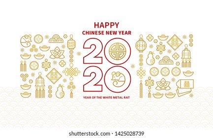 Vector banner with a illustration of the rat zodiac sign, symbol of 2020 on the Chinese calendar. White Metal Rat, chine lucky for New Year. Elements for Chinese New Year's design.