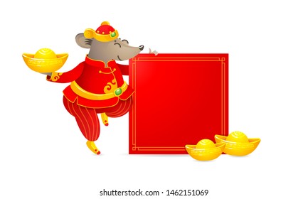 Vector banner with a illustration of Rat zodiac sign, symbol of 2020 on the Chinese calendar. Dancing mouse in traditional Chinese costume, gold ingots, red paper for greeting text. White Metal Rat.