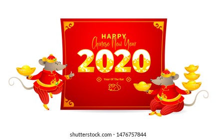 Vector banner with a illustration of Rat zodiac sign, symbol of 2020 on the Chinese calendar. Dancing mice in traditional Chinese costume, gold ingots, paper with New Year greetings in Chinese style