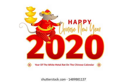 Vector banner with a illustration of Rat zodiac sign, symbol of 2020 on the Chinese calendar. Dancing mouse in traditional Chinese costume, gold ingots, paper with New Year greetings in Chinese style