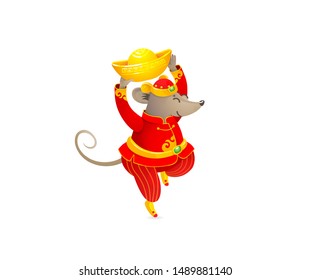 Vector banner with a illustration of Rat zodiac sign, symbol of 2020 on the Chinese calendar. Dancing mouse in traditional Chinese costume, gold ingots. White Metal Rat. Chinese elements for New Year.