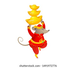 Vector banner with a illustration of Rat zodiac sign, symbol of 2020 on the Chinese calendar. Dancing mouse in traditional Chinese costume, gold ingots. White Metal Rat. Chinese elements for New Year.