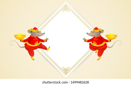 Vector banner with a illustration of Rat zodiac sign, symbol of 2020 on the Chinese calendar. Dancing mouse in traditional Chinese costume, gold ingots, white paper for greeting text. White Metal Rat.