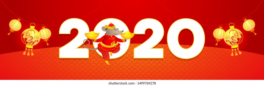 Vector banner with a illustration of Rat zodiac sign, symbol of 2020 on the Chinese calendar. Mouse in traditional Chinese costume, gold ingots, lanterns with New Year greetings in Chinese style.
