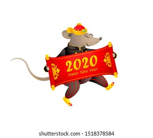 Vector banner with a illustration of Rat zodiac sign, symbol of 2020 on the Chinese calendar. Dancing mouse in traditional Chinese costume, gold ingots, red scroll for greeting text. White Metal Rat.