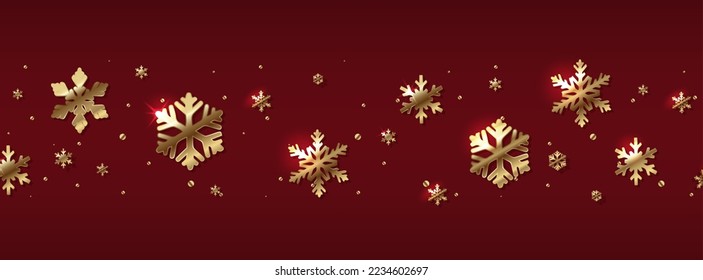 Vector banner illustration. Red horizontal banner with golden snow flakes.