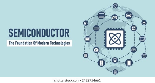 Vector banner illustration of a semiconductor and its applications.