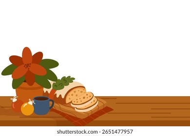 Vector banner illustration with a sliced Christmas Stollen cake, red poinsettia flower, coffee cup, and Christmas ornaments on a wooden table. For holiday posters, invitations, social media headers