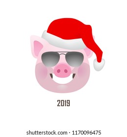 Vector banner with a illustration of smiling cartoon porky, symbol of 2019 on the Chinese calendar in red Santa Claus hat. Isolated on white backdrop. Element for New Year's design.