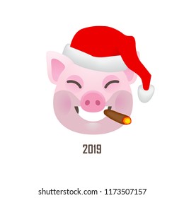 Vector banner with a illustration of smiling cartoon pig, symbol of 2019 on the Chinese calendar in red Santa Claus hat. Isolated on white backdrop. Element for New Year's design.