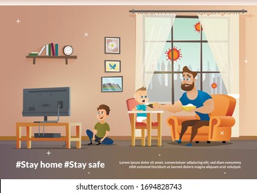 Vector Banner Illustration Stay Home and Stay Safe. Happy Father Having Fun. Smiling Dad Feeding Baby Boy in Highchair Porridge with Spoon while Eldest Son Playing Computer Games on TV Illustration