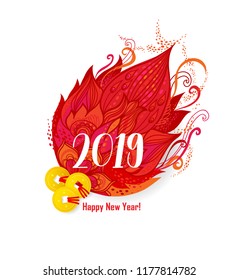 Vector banner with a illustration of three golden Chinese coins. Сhinese traditional red pattern, floral decoration. Chine lucky. Element for New Year's design.