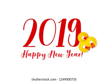 Vector banner with a illustration of three golden Chinese coins and number 2019. Сhinese traditional red pattern, floral decoration. Chine lucky. Element for New Year's design.