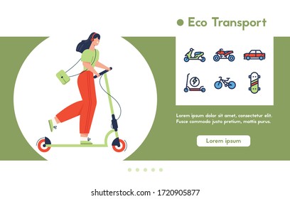 Cartel vectorial de transporte ecológico urbano. Mujer caracter montando patinete eléctrico. Infraestructura moderna del medio ambiente urbano, atención sanitaria, servicio de alquiler, concepto de estilo de vida ecológico