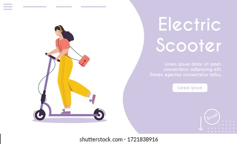 Cartel vectorial de transporte ecológico urbano. Mujer caracter montando patinete eléctrico. Infraestructura moderna del medio ambiente urbano, atención sanitaria, servicio de alquiler, concepto de estilo de vida ecológico