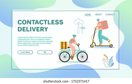 Vector banner illustration of woman, man couriers with packages on bicycle or kick scooter. Guy, girl wear mask, gloves, coronavirus epidemic. Contactless delivery food or purchases, online shopping