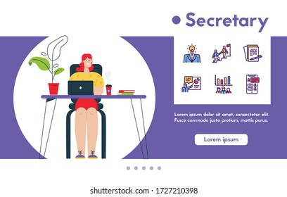 Vector banner illustration of woman secretary working on laptop in office. Employee do work tasks. Color linear icon set - business idea, strategy, financial management, reporting, communication