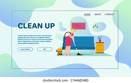 Vector banner illustration of woman vacuuming floor in living room, house cleanup. Housewife with vacuum cleaner cleaning room floor, daily life and routine. Young girl housekeeping, do housework