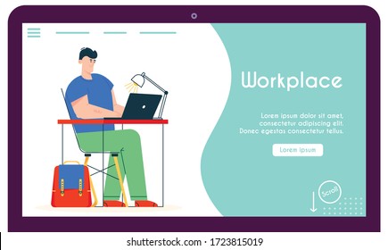 Vector banner illustration of work at home. Remote worker man sits at desk, working at laptop. Home office interior design, comfy workplace, freelancer in creative studio landing design template