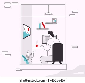 Ilustración vectorial del trabajo en casa. Un trabajador remoto se sienta en el escritorio, trabajando en una laptop. Diseño de interiores para oficinas en el hogar, lugar de trabajo cómodo, autónomo en plantilla de diseño de aterrizaje de estudio creativo