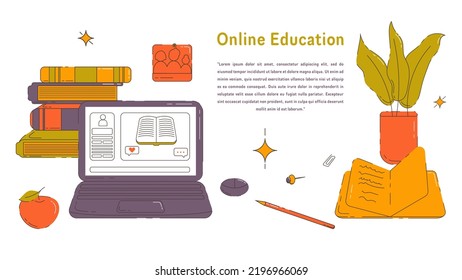 Pancarta vectorial con Ilustración del lugar de trabajo con portátil, libros, bloc de notas, planta doméstica, Apple y otros objetos. Perfecto para sitios web, medios sociales, materiales impresos, etc.