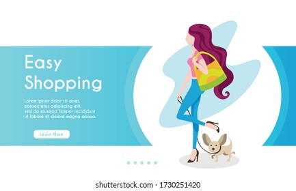 Vector banner illustration of young stylish girl with long hair walking with a dog. Cartoon vector illustration. Female character.