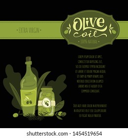 Vector banner with illustrations of olive products on black background. Design template for olive oil, olive packaging, restaurant menu or recipe, healthy food products, with place for text.