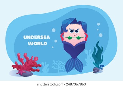 Vector banner with illustrations of the underwater world.