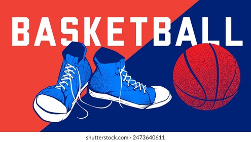 Anuncio de Vector con la Imagen de una pelota de baloncesto y zapatilla de deporte