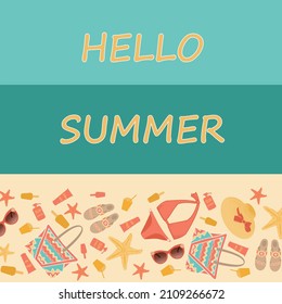 vector banner with the image of the beach, the sea and beach accessories and the inscription Hello summer