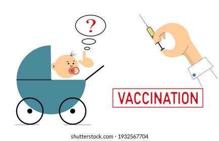 Vector banner with the image of a child character and a syringe with a coronavirus vaccine. The hand holds a syringe with a vaccine. Stylized image of a small boy in a stroller.