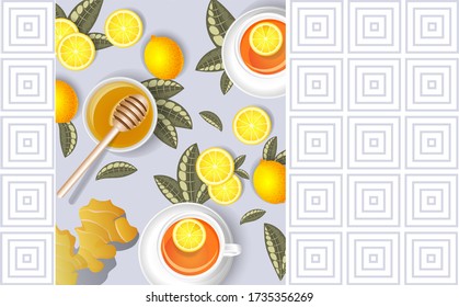 Vektor Banner mit dem Bild von Tassen mit Tee, Zitronen, Ingwer und Honig Schalen. Konzept im Stil des Realismus. EPS 10