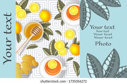 vector banner with the image of cups with tea, lemons, ginger and honey bowls. Concept in the style of realism. EPS 10