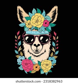 Vector banner with an image of a llama in a floral wreath. Llama with sunglasses on dark background. Abstract postcard in hippie style. 
