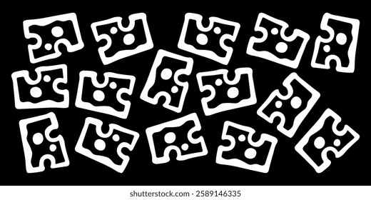Vector banner image of many white pieces of cheese on a black background in pen drawing style