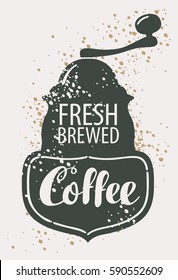 Vector banner with image of pointer, coffee grinder and hand lettering in retro style
