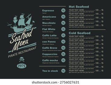 Vector banner with image of a ship or an old caravel on the theme of seafood and ocean fish with space for text. Logo, menu for a restaurant, cafe. Signboard, billboard for a fish market, store. No ai