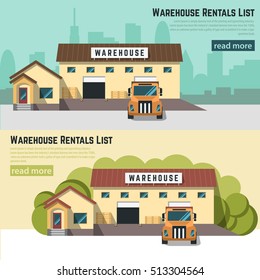 Vector banner with the image of a warehouse, logistics center, delivery mail service, advertising and design. Apply flat style. The building warehouse, working car full face in flat style.