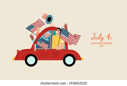 Vector banner for the Independence Day of the USA. A group of friends is driving a small funny car with American flags. Illustration in cartoon style